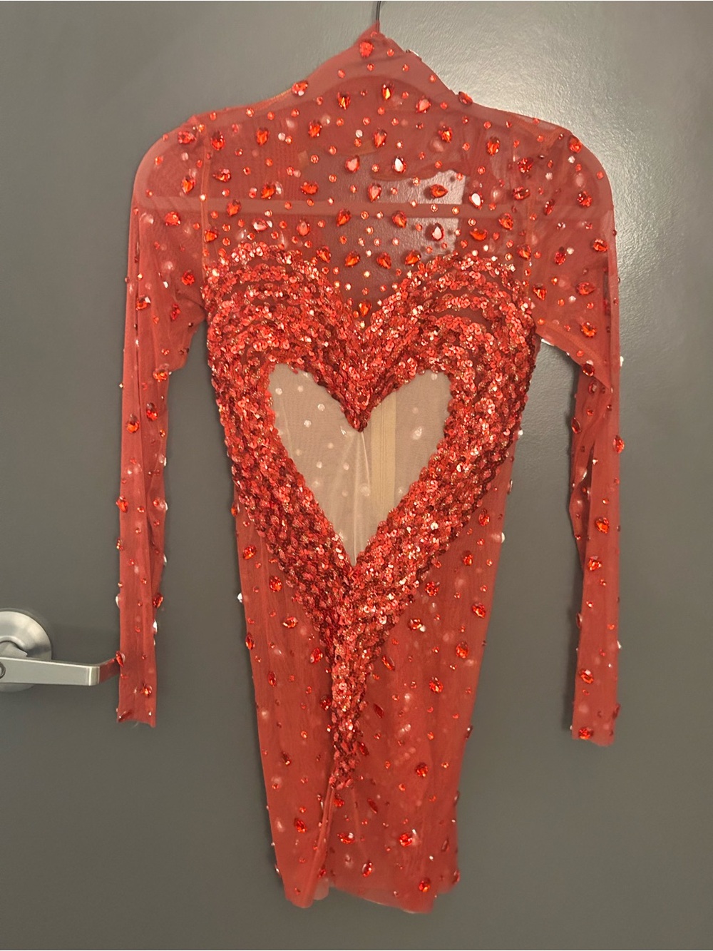 Red Embellished Heart Mesh Dress - Women